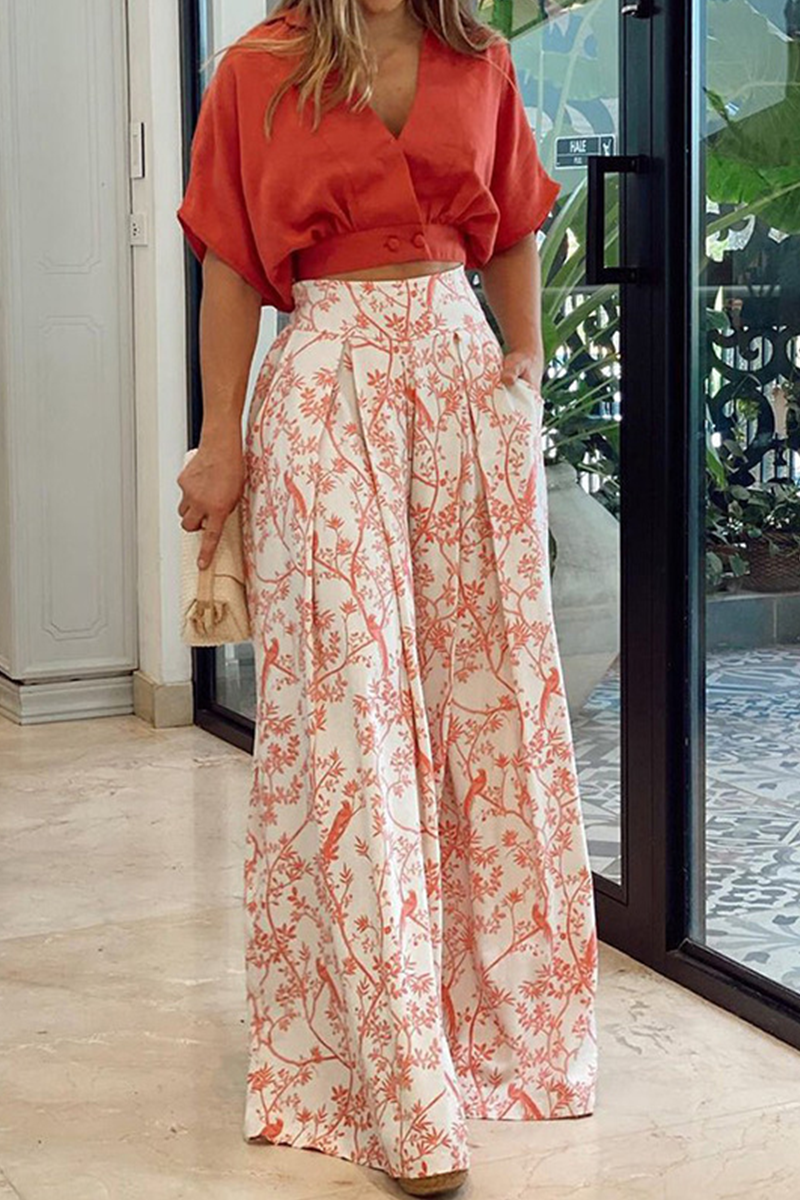 Women's Orange Bird Print Two-Piece Set – V-Neck Top & Wide Leg Pants