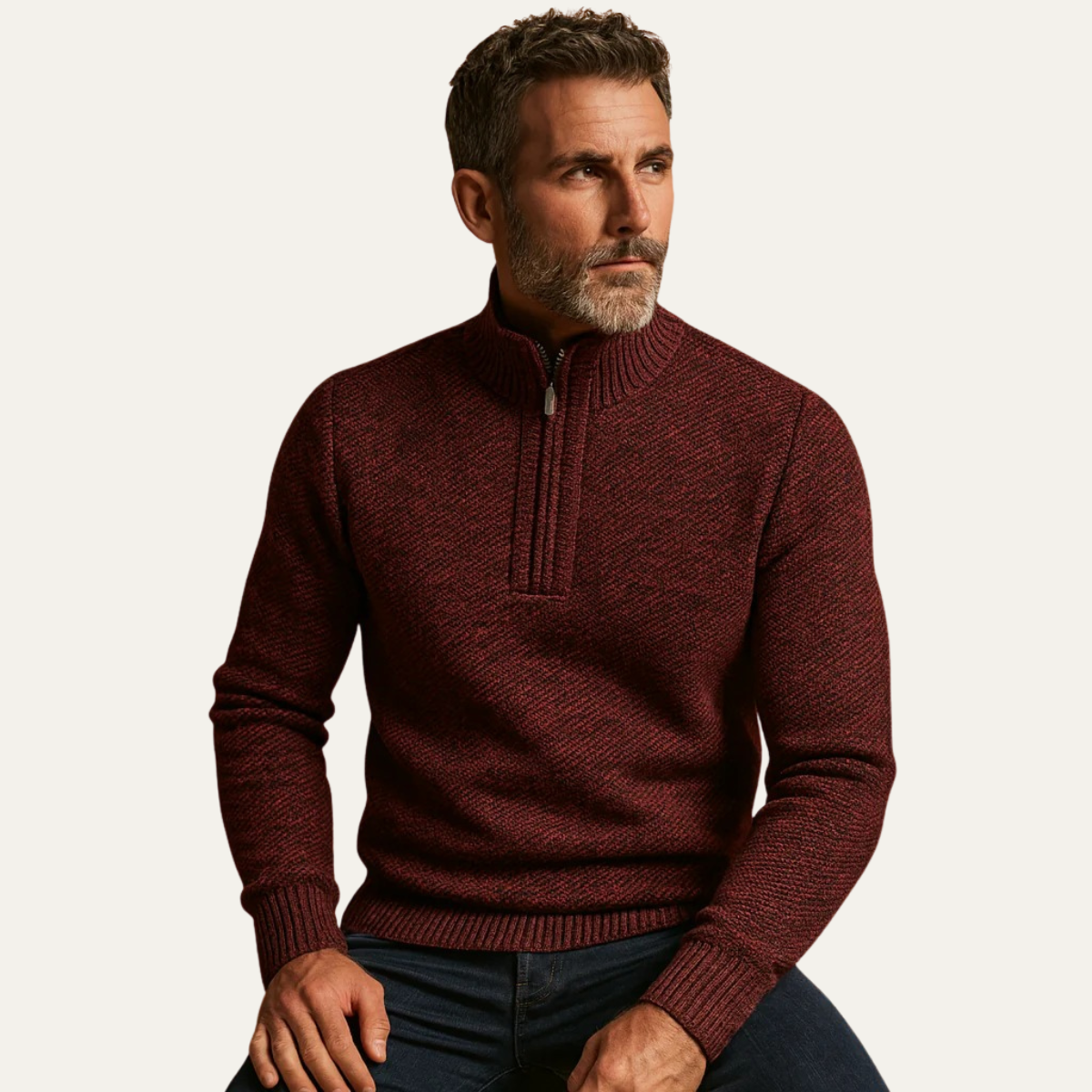 Men's Tailored Fit Quarter Zip Knit Sweater with Ribbed Detailing