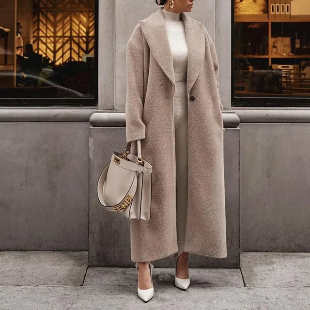 Women's Oversized Longline Coat with Lapel Collar and Open Front Style