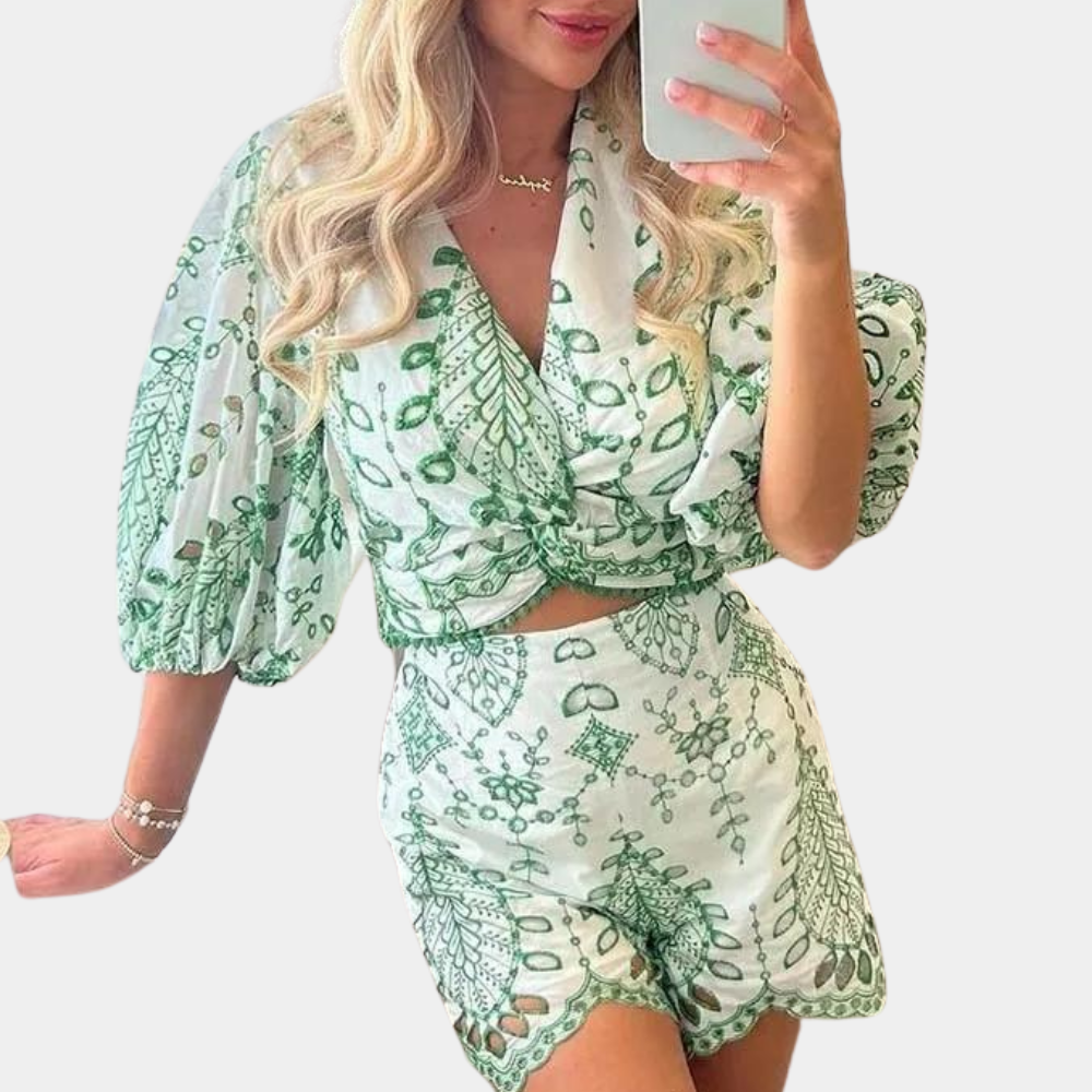 Robert | Two-Piece Set with Embroidered Leaf Pattern