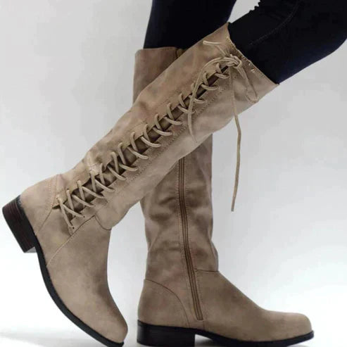 Stylish Women's Knee-High Lace-Up Boots with Low Heel and Side Zip Closure