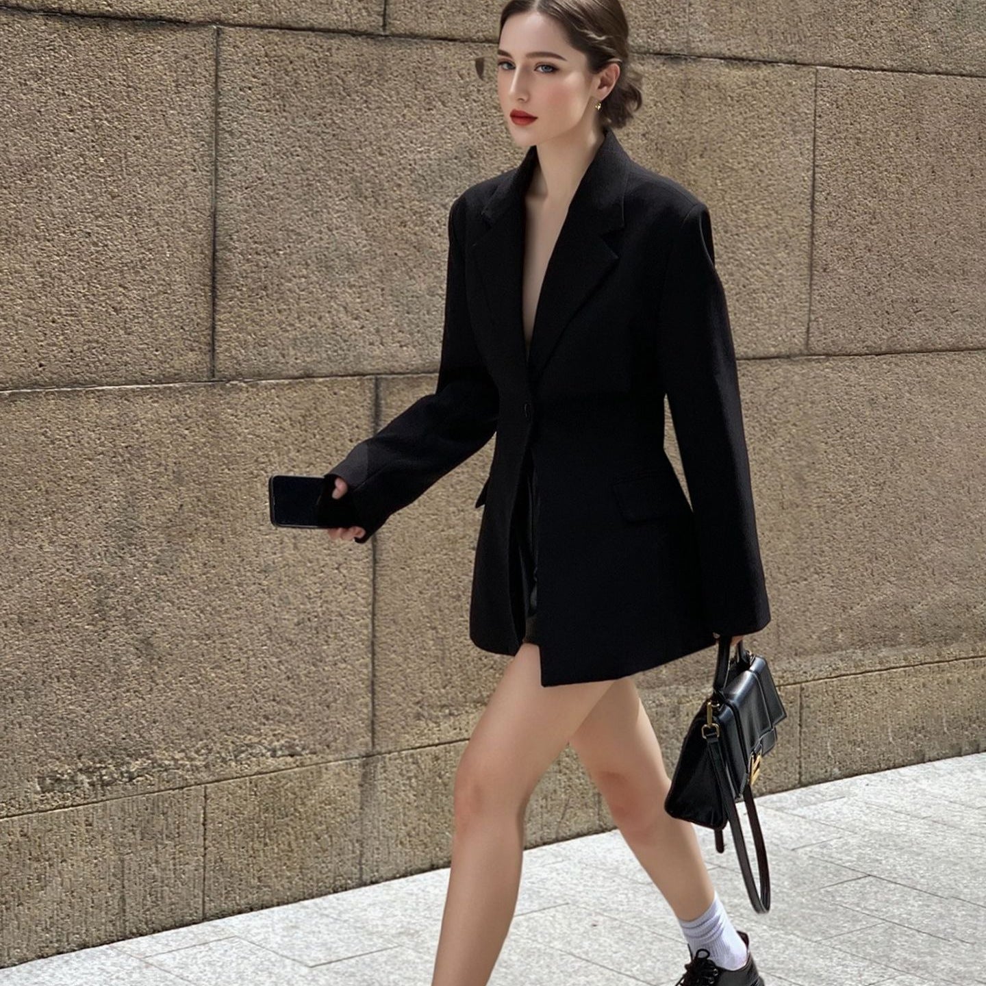 Elegant Women's Black Blazer Dress - Deep V-Neck Design with Adjustable Tie Waist