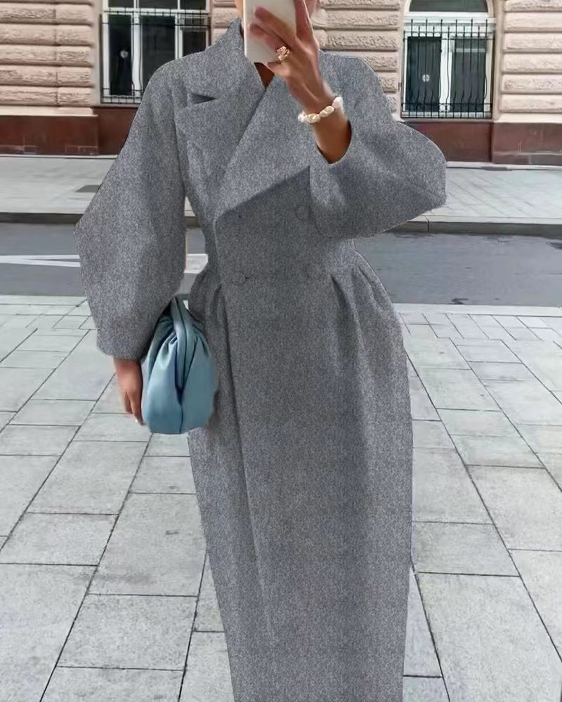 Stylish Women's Long Double Breasted Winter Coat with Elegant Lapel Collar