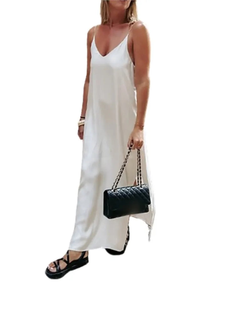 Women's Backless V-Neck Maxi Dress - Casual Loose-Fit Solid Color Beach Vacation Dress 2024