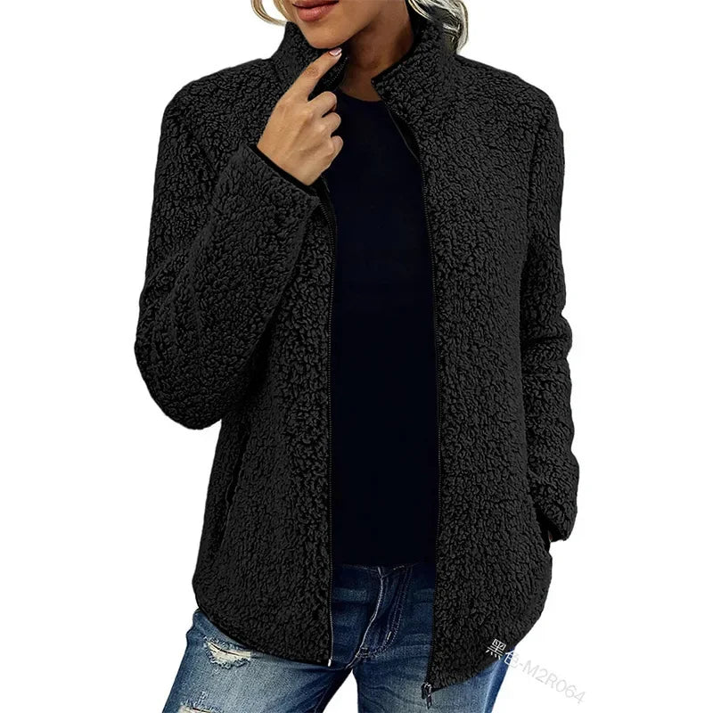 Cozy Women's Full Zip Teddy Jacket with High Collar for Winter Warmth