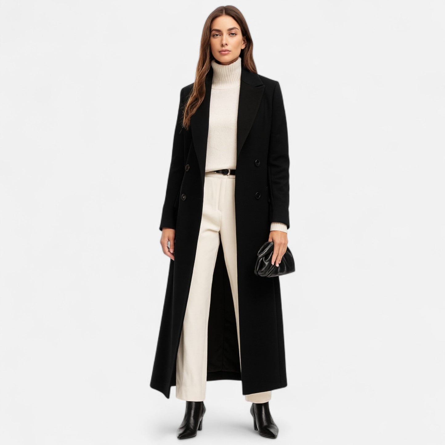 Elegant Women's Black Maxi Coat with Notch Lapel and Button Closure