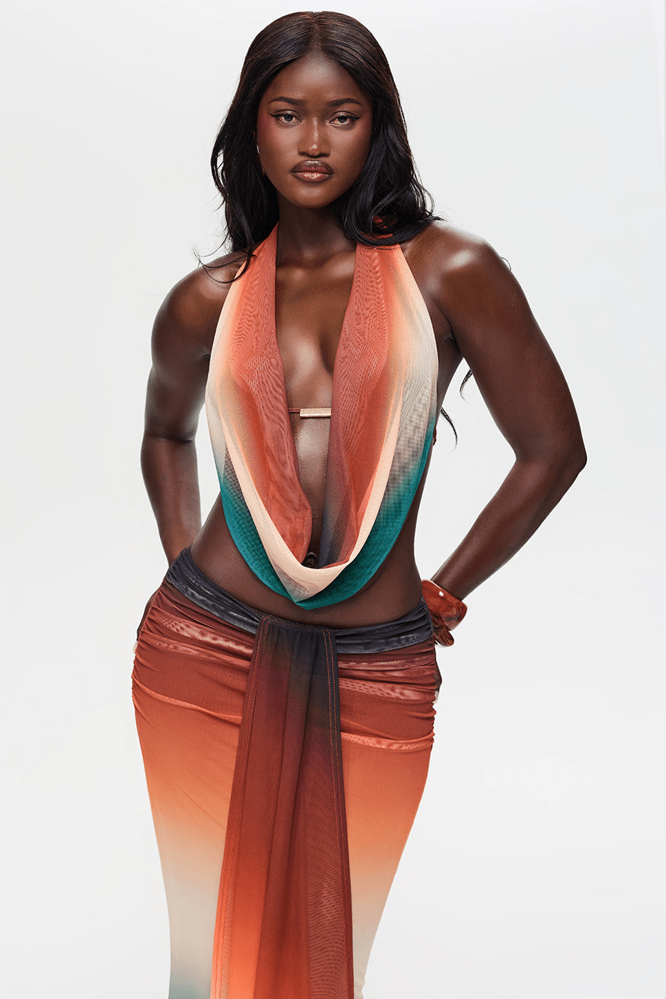 Women's Sexy Mesh Halter Neck Two-Piece Set - Off-Shoulder Sleeveless Backless Top with Matching Skirt