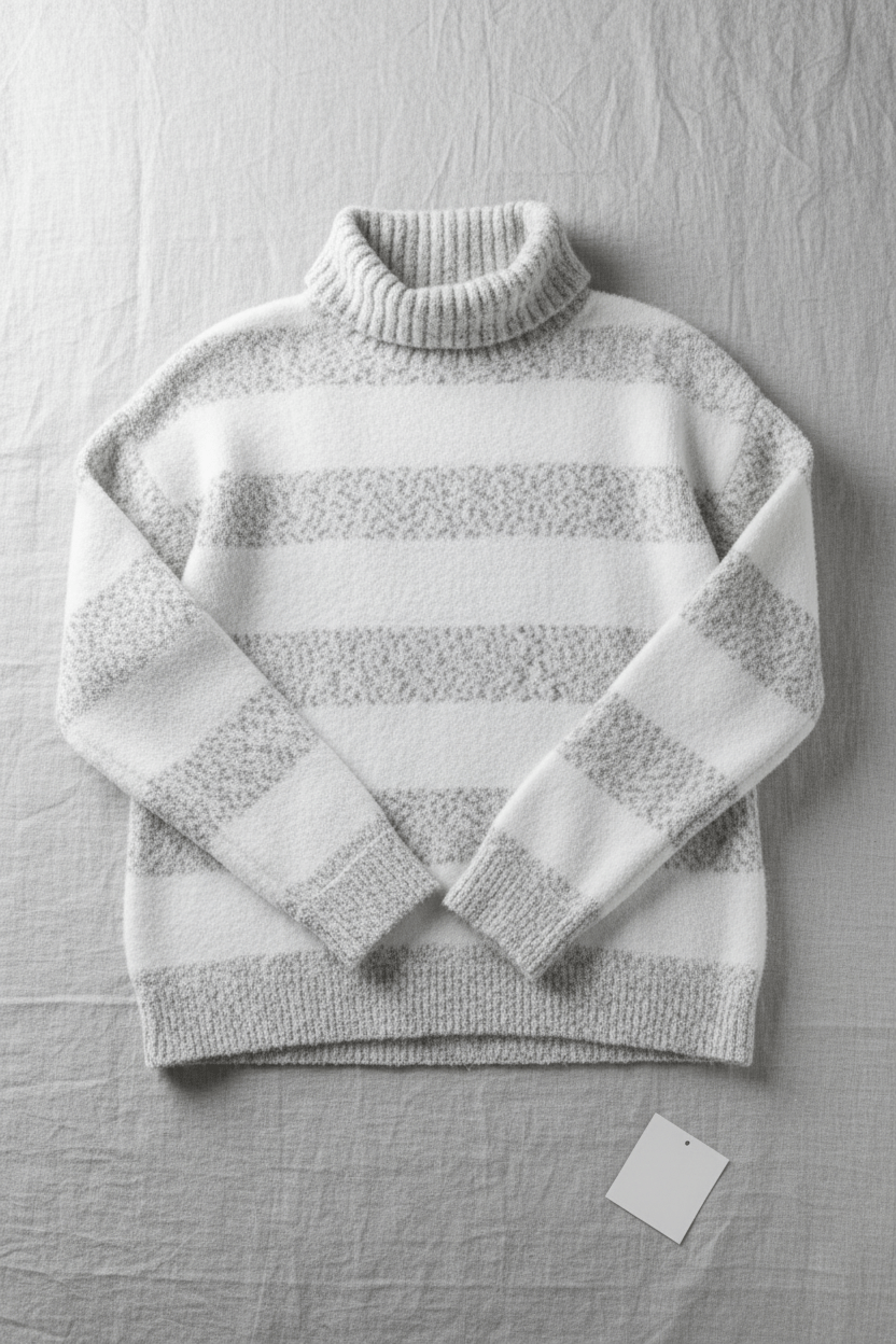 Cozy Women's Ribbed Turtleneck Knit Sweater with Striped Design