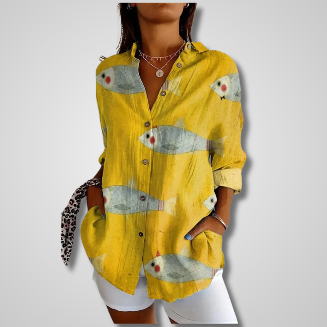 Ladies' Long Sleeve Blouse with Button-Down Collar and Loose Fit