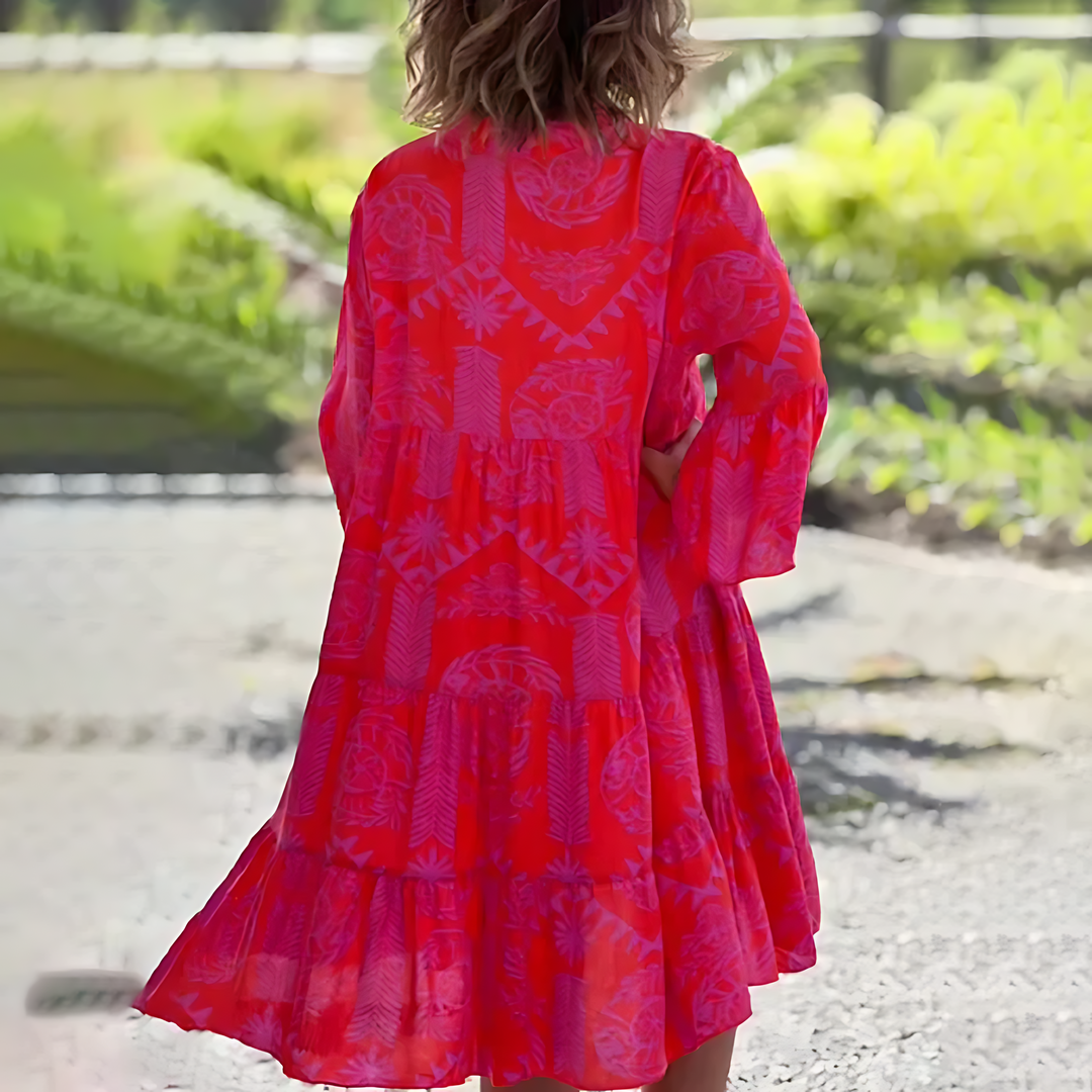 Ladies Boho Dress with V-Neck and Bell Sleeves