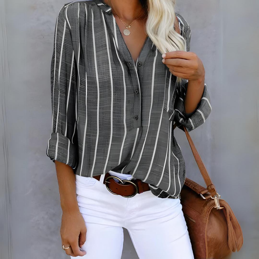 Ladies Striped Blouse with V-neck and Button Detail