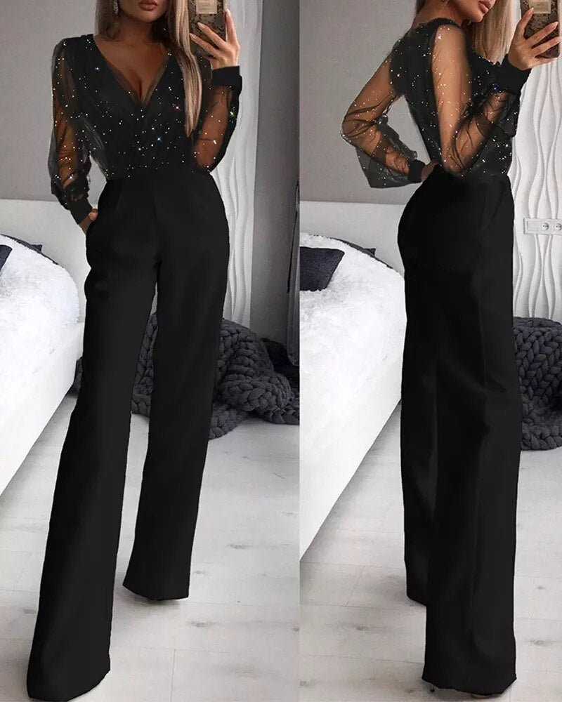 Ladies' Jumpsuit Long Sleeve with V-neck and Wide Legs