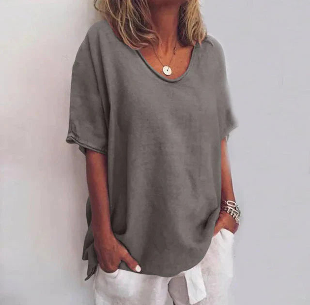 Women's Loose Blouse with V-Neck and Short Sleeves Oversized