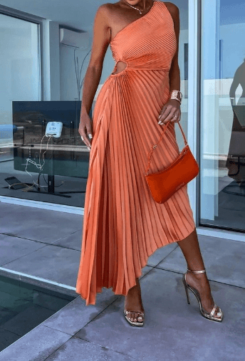 Ladies One Shoulder Maxi Dress with Pleated Skirt