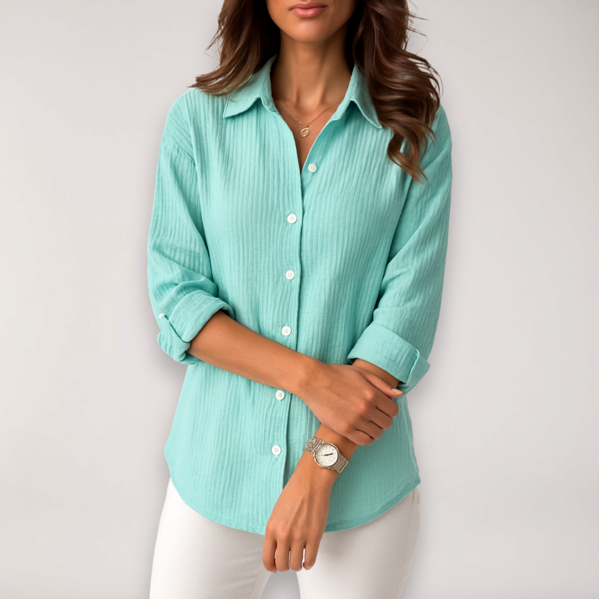Ladies' Long Sleeve Shirt with Button Front and Roll-Up Sleeves