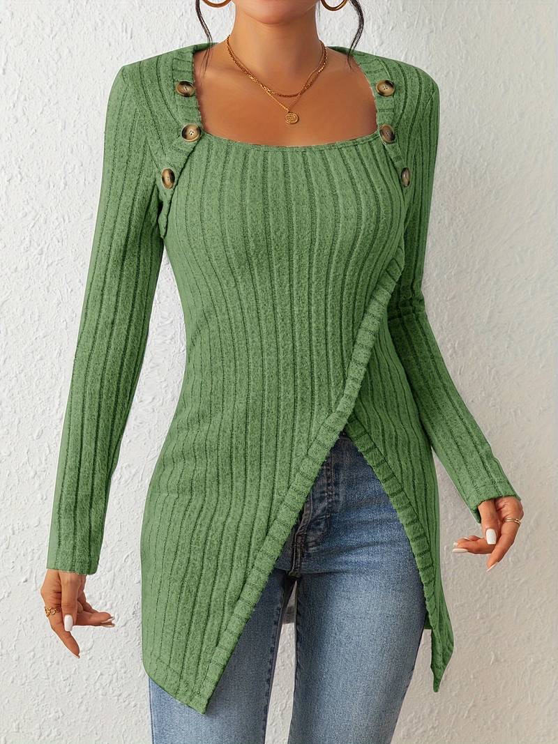 Catherine - Sweater with Square Neckline, Long Sleeves and Side Slits