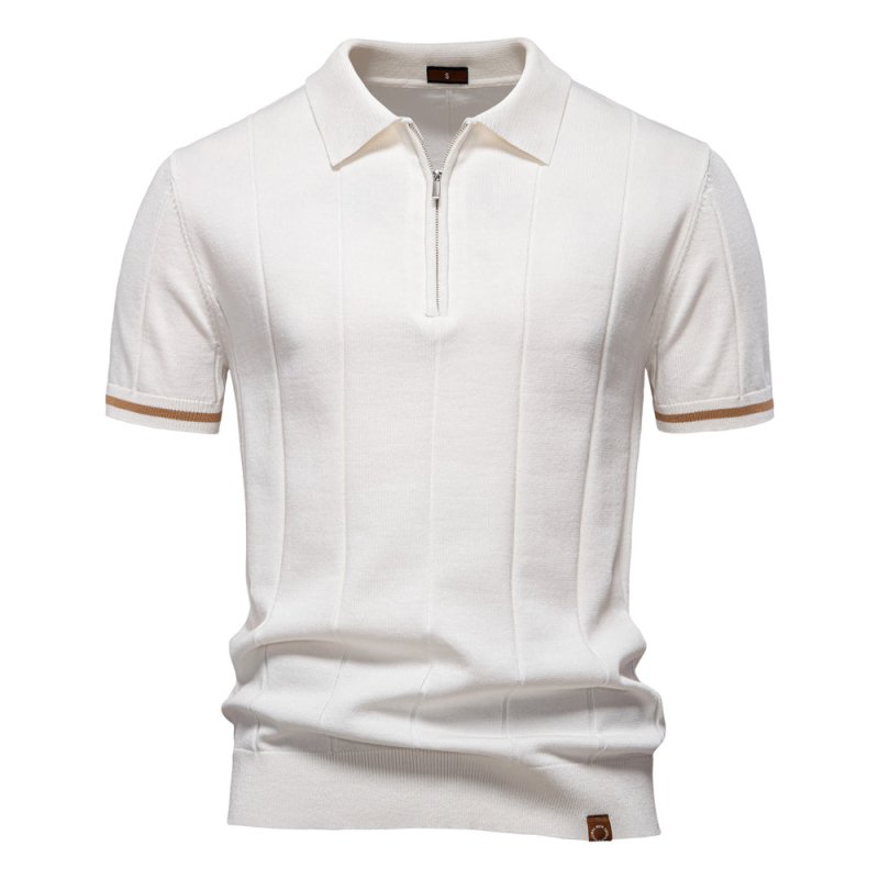Men's Short Sleeve Polo with Zip Collar and Vertical Rib Pattern