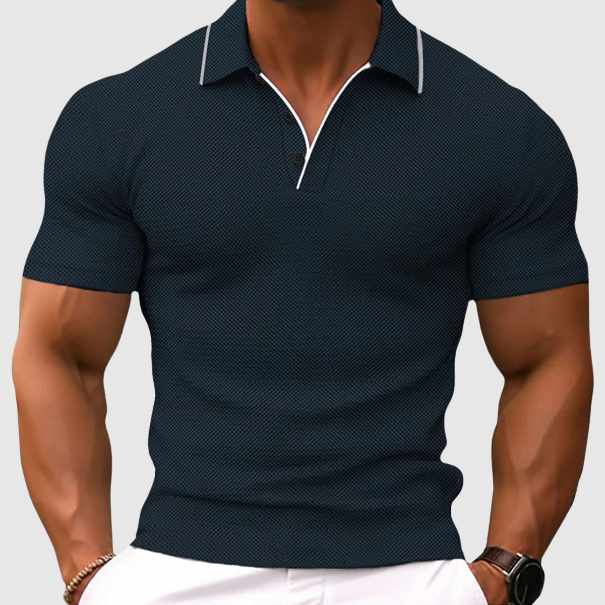 Men's Polo Shirt with Contrast Collar and Button Placket