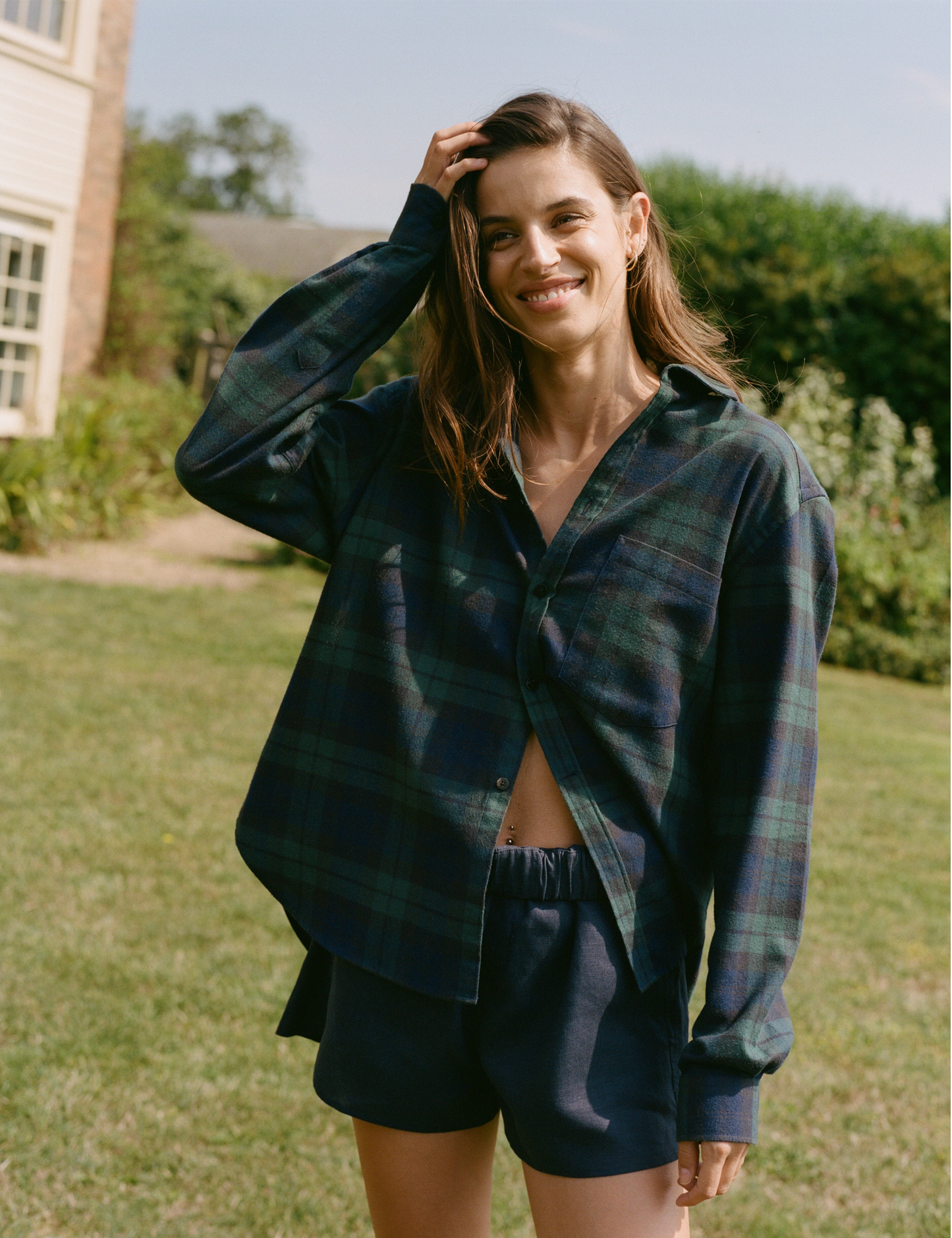 Women's Classic Fit Green Plaid Shirt - Soft Brushed Cotton and Merino Wool Blend