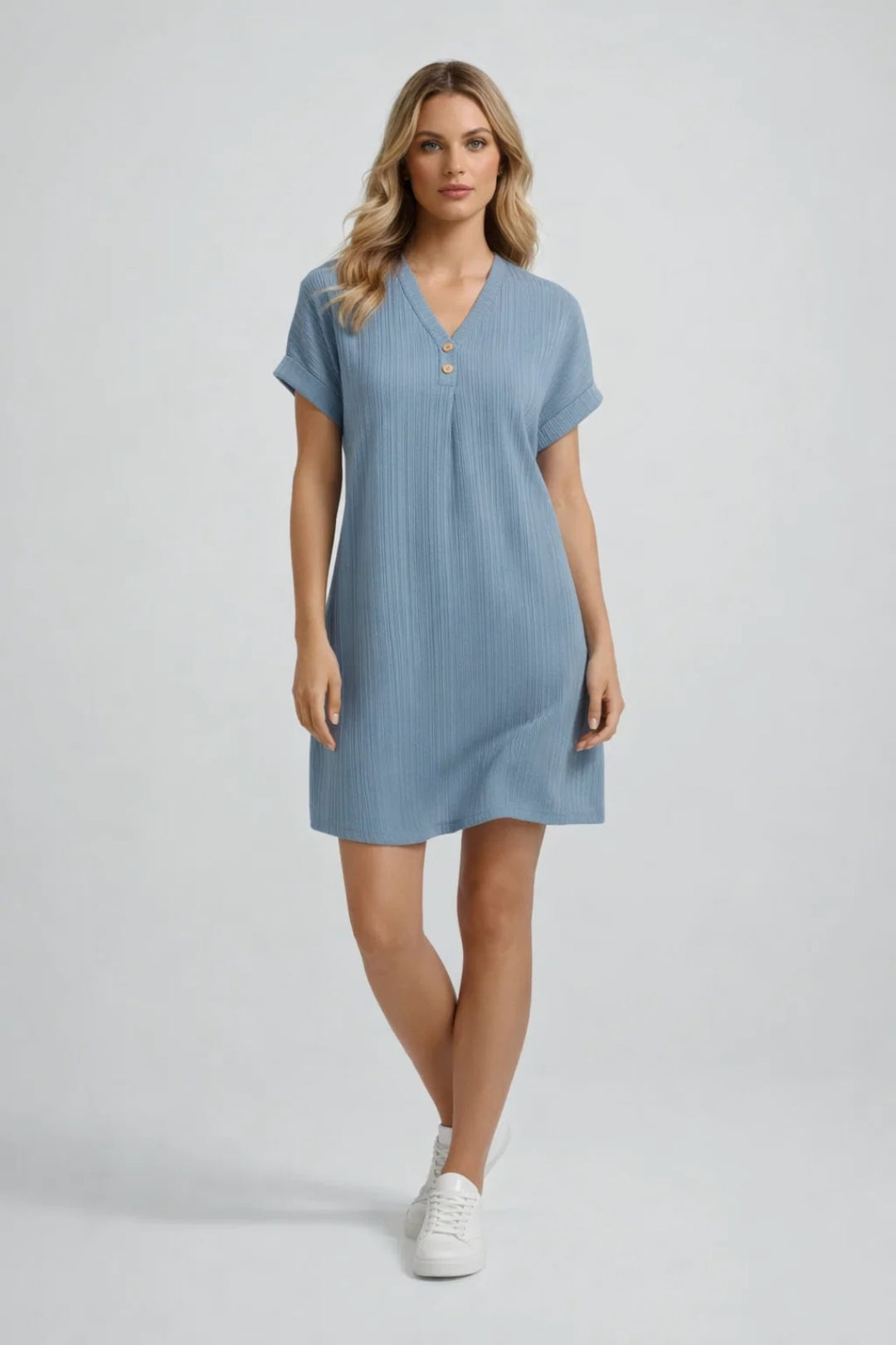 Mini Dress for Women - V-Neck with Short Sleeves and Knot Detail | Casual