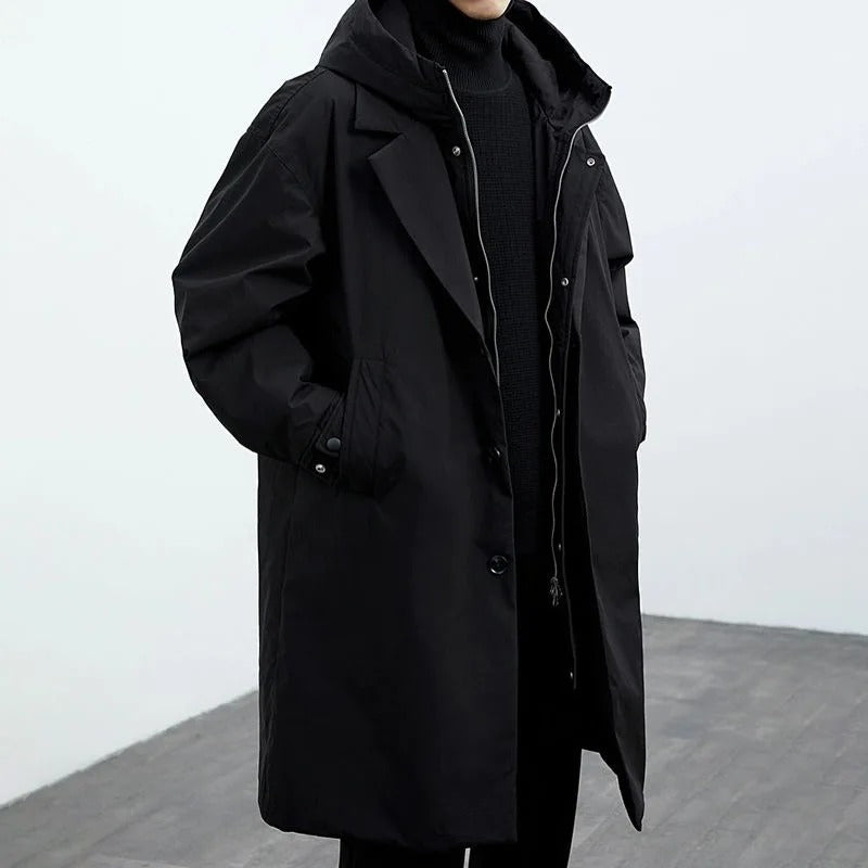 Men's Waterproof Long Puffer Trench Coat with Hood for Cold Weather