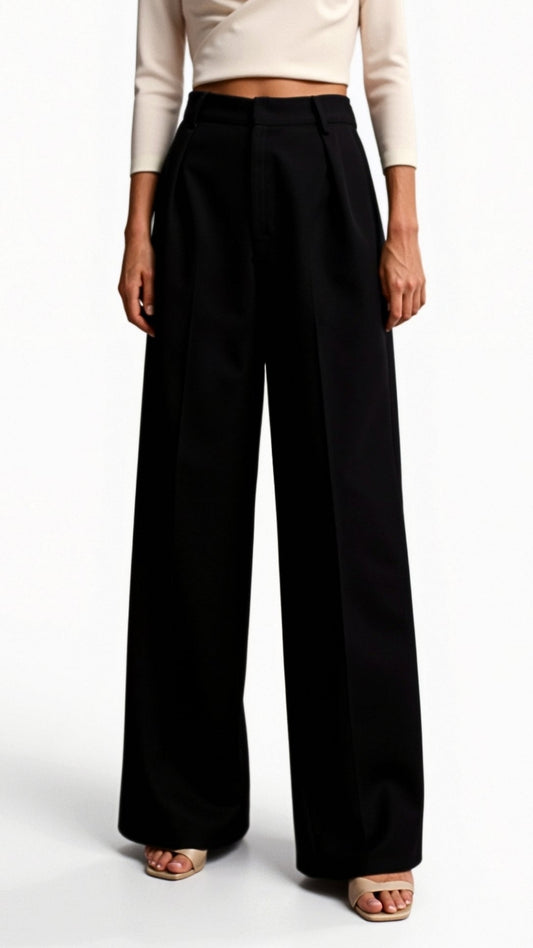 High Waist Wide-Leg Trousers for Women - Pleated Design with Side Pockets