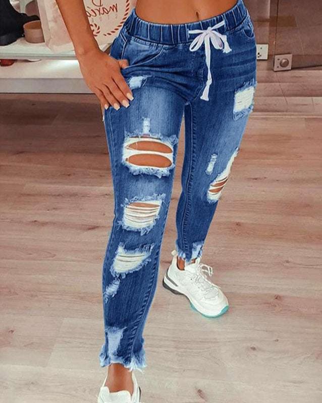 Emmeline - Fashion Slim Elastic Waist Ripped Jeans