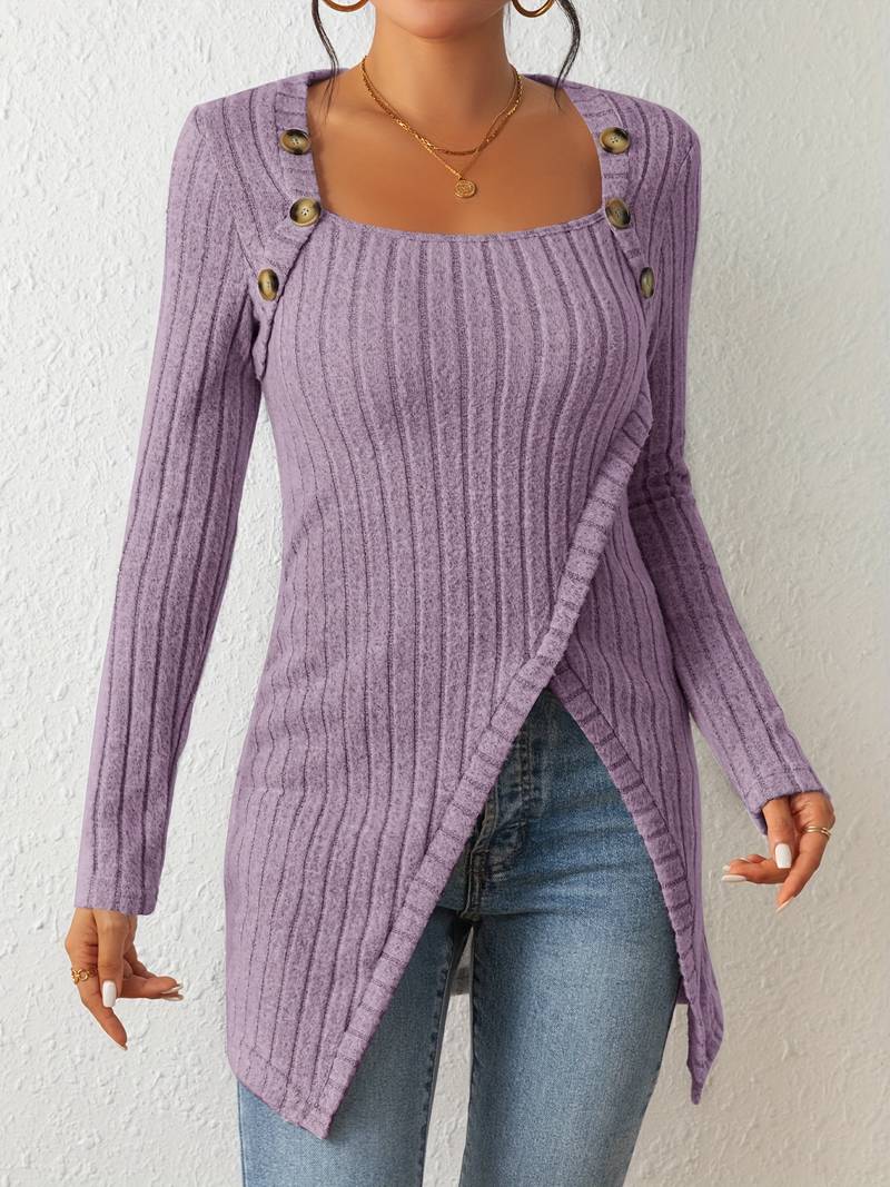 Catherine - Sweater with Square Neckline, Long Sleeves and Side Slits