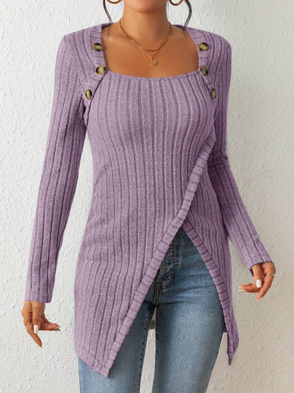 Catherine - Sweater with Square Neckline, Long Sleeves and Side Slits