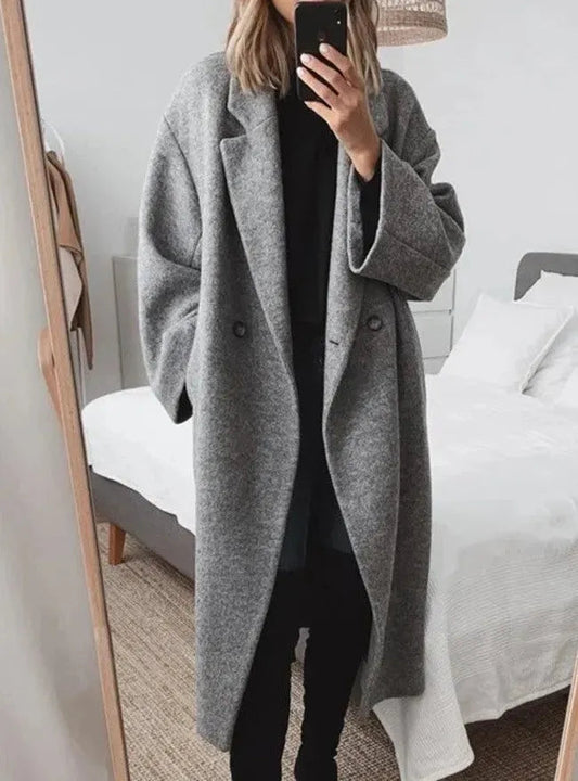 Women's Stylish Long Winter Coat with Notch Lapel and Single-Button Closure