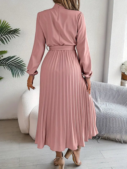 Elegant Women's Long-Sleeve Pleated Midi Dress with Adjustable Belted Waist