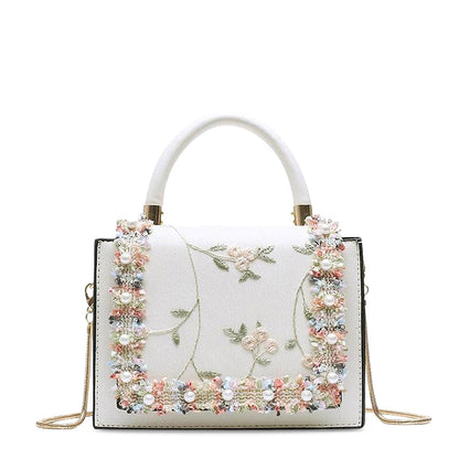 Women's Embroidered Tote Handbag – Floral Top Handle Shoulder Bag