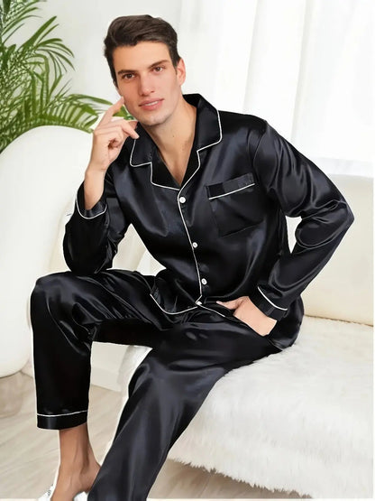 Men's Button-Down Pyjama Set with White Trim - Comfortable Sleepwear for Men