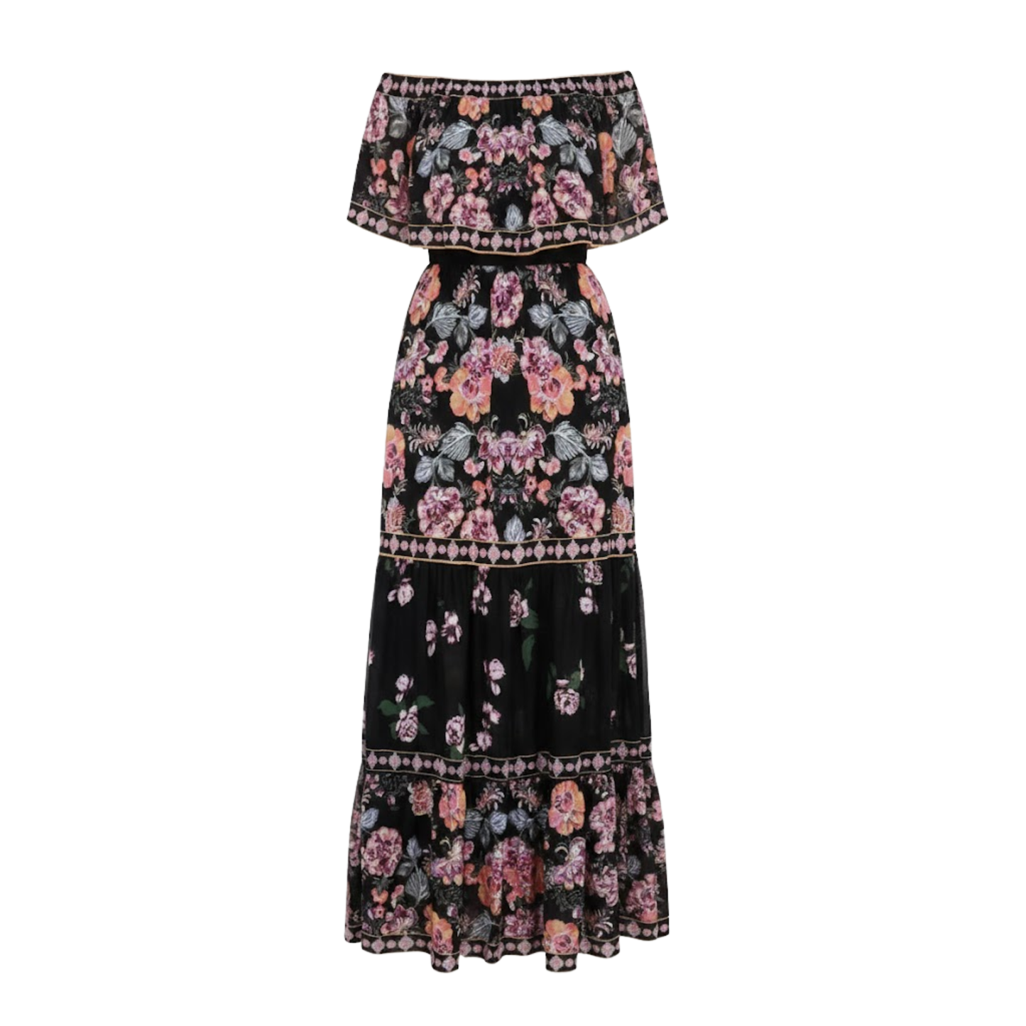 Floral Off-Shoulder Maxi Dress - Ankle-Length A-Line Asymmetrical Gown with Slash Neck