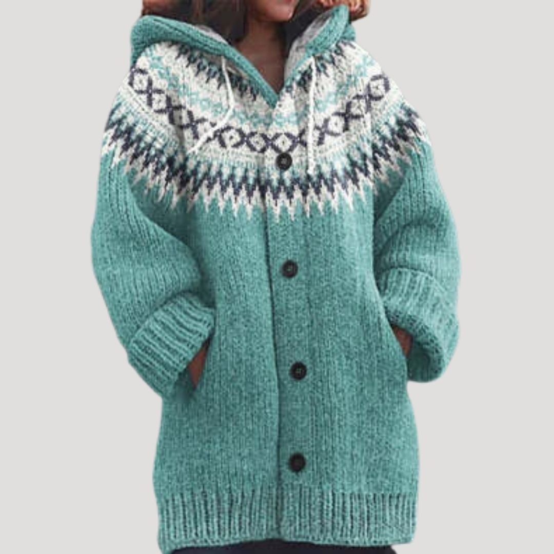 Cozy Women's Fair Isle Chunky Knit Hooded Cardigan for Warmth and Style