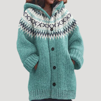 Cozy Women's Fair Isle Chunky Knit Hooded Cardigan for Warmth and Style