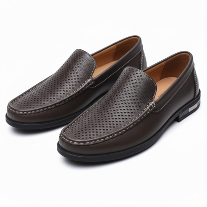 Men's Breathable Leather Slip-On Loafers - Perforated Formal Shoes for Office and Weddings