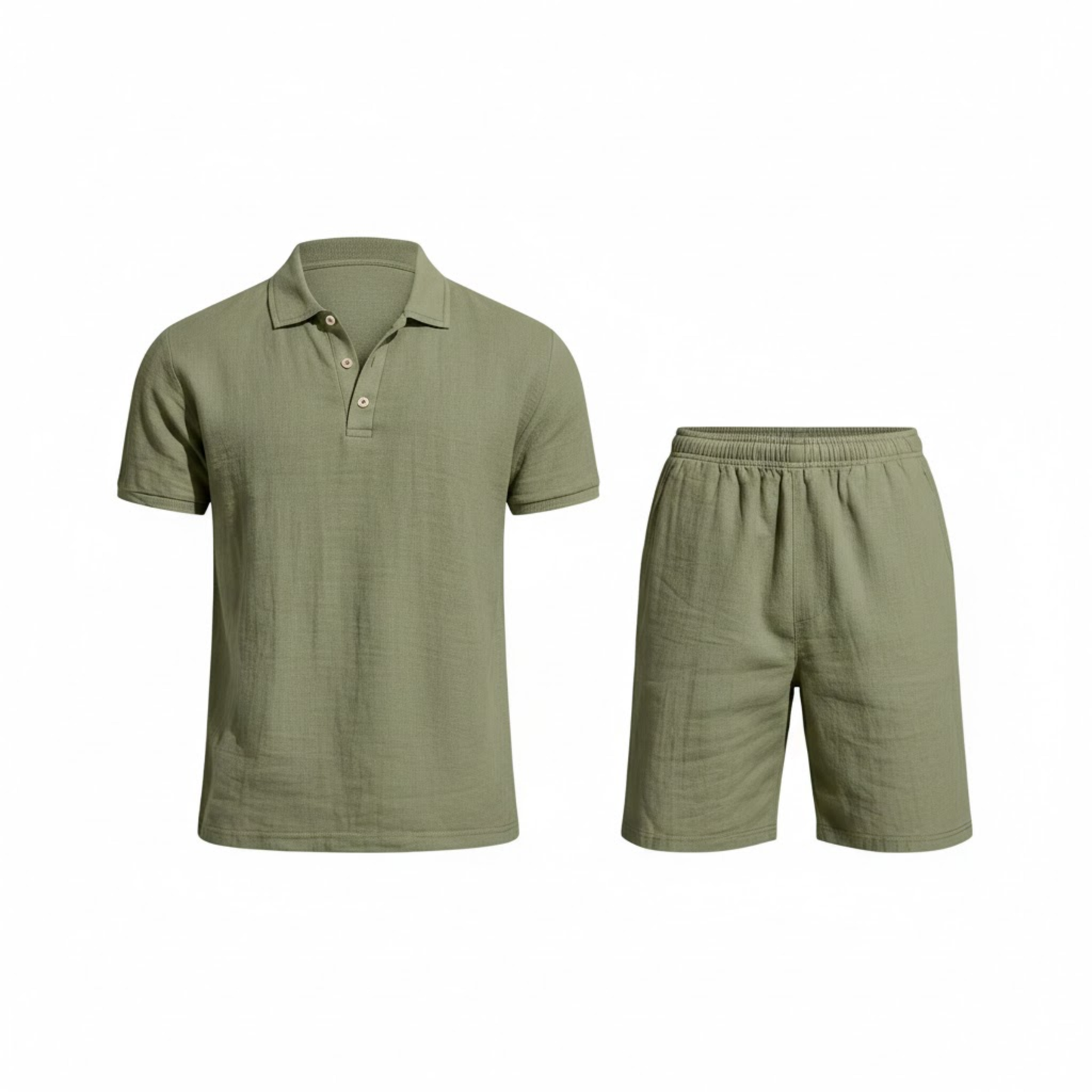 Men's Casual Two-Piece Linen Outfit - Short Sleeve Polo Shirt with Drawstring Shorts