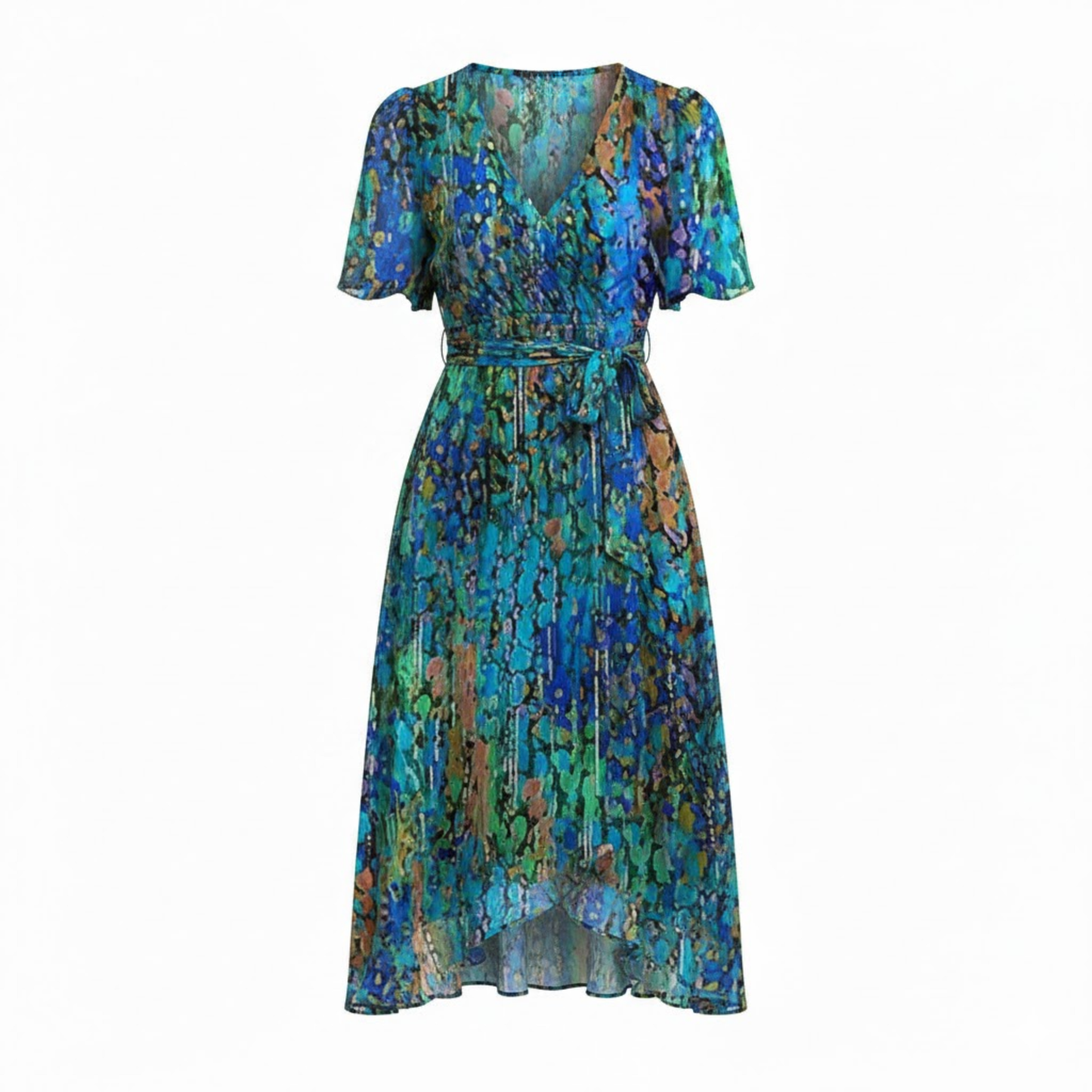 Women's Floral V-Neck Midi Dress with Short Flutter Sleeves and Empire Waist
