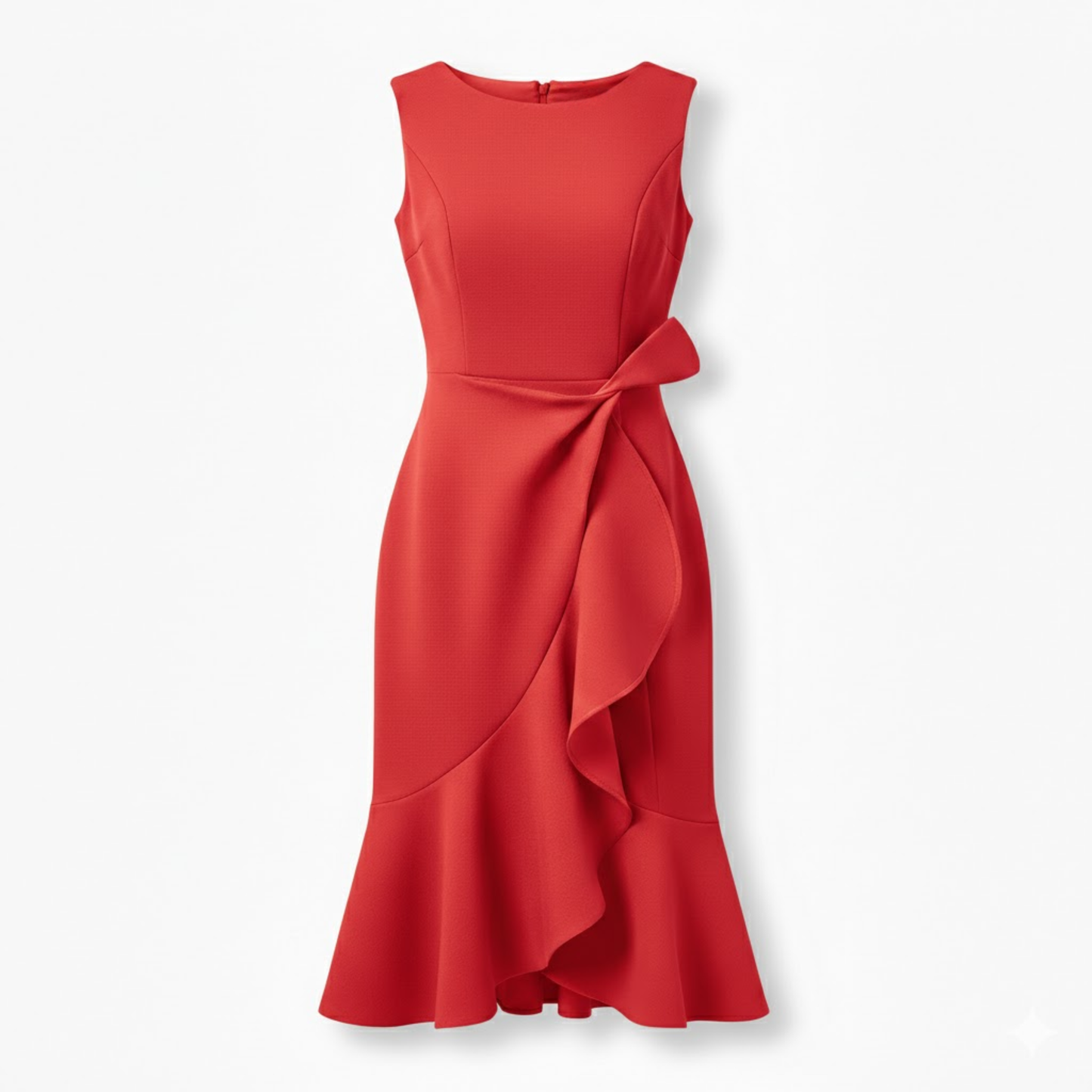 Women's Sleeveless Cotton Blend Midi Dress with Asymmetrical Ruffle and Mermaid Fit
