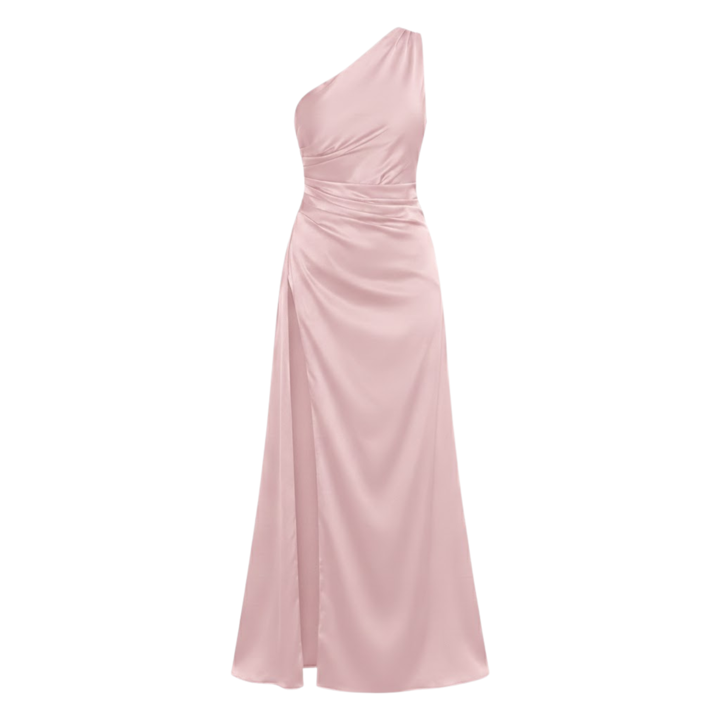 Chic One Shoulder Satin Maxi Dress with Asymmetrical Pleats and High Split Hem for Formal Evening Occasions