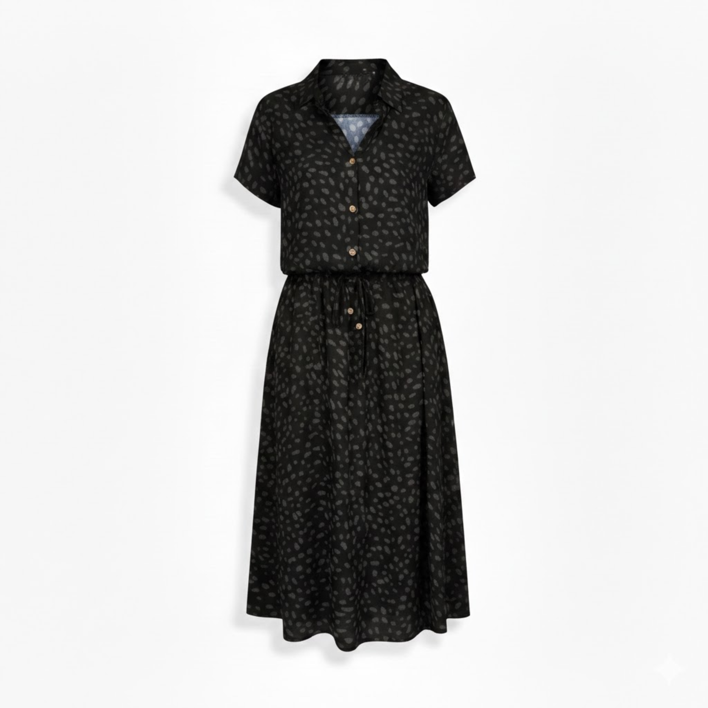 Polka Dot Short Sleeve Shirt Dress with Turn Down Collar and Coordinating Waistband