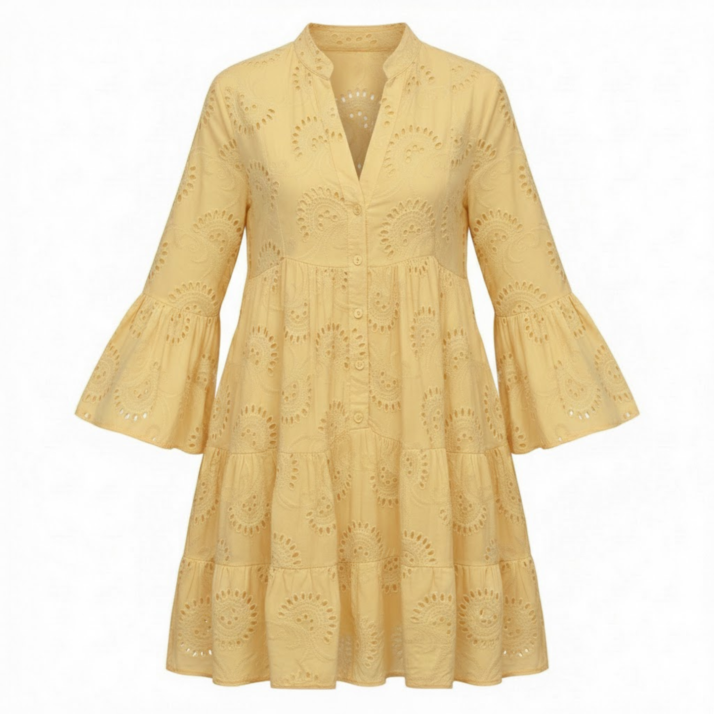 V-Neck Eyelet Cotton Mini Dress with Flare Sleeves, Hollow Out Design, Button Front, and Tiered Skirt