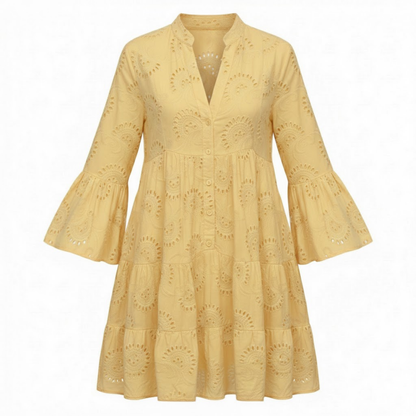 V-Neck Eyelet Cotton Mini Dress with Flare Sleeves, Hollow Out Design, Button Front, and Tiered Skirt