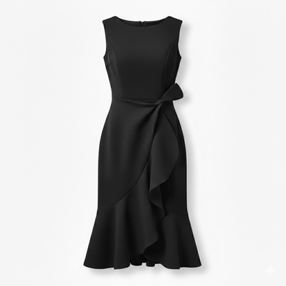 Women's Sleeveless Cotton Blend Midi Dress with Asymmetrical Ruffle and Mermaid Fit