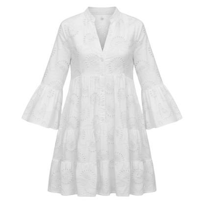 V-Neck Eyelet Cotton Mini Dress with Flare Sleeves, Hollow Out Design, Button Front, and Tiered Skirt