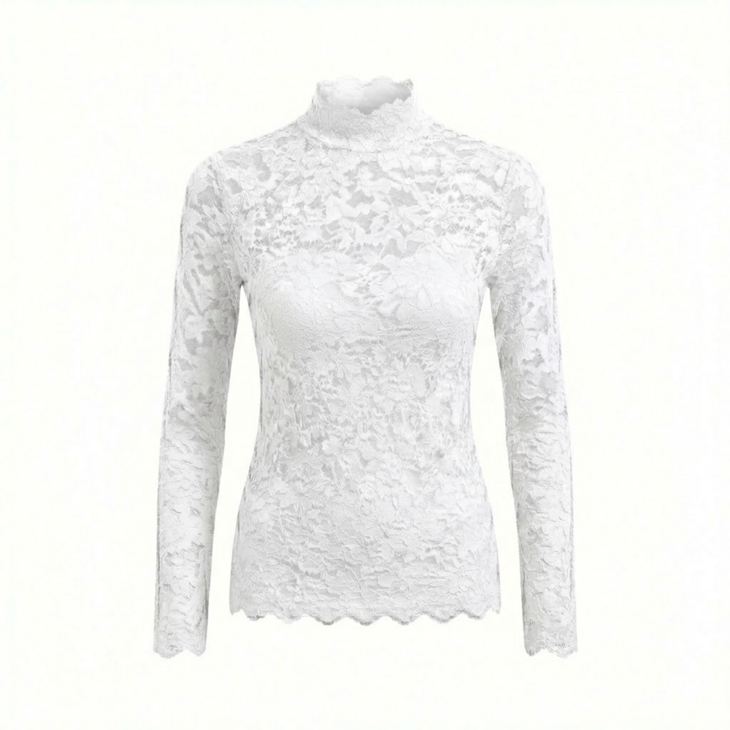 Floral Lace Long Sleeve Turtleneck Top with Petal Sleeves - Women's Knit Mesh Tee