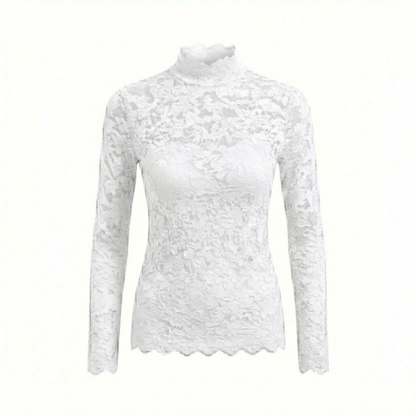Floral Lace Long Sleeve Turtleneck Top with Petal Sleeves - Women's Knit Mesh Tee