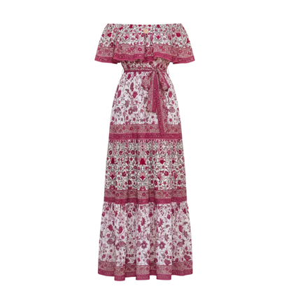 Floral Off-Shoulder Maxi Dress - Ankle-Length A-Line Asymmetrical Gown with Slash Neck