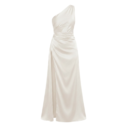 Chic One Shoulder Satin Maxi Dress with Asymmetrical Pleats and High Split Hem for Formal Evening Occasions